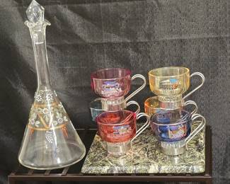 Vintage MCM handpainted glass decater and Vintage Italian Espresso Glass Coffee Cups with Metal Holders