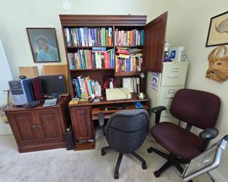 desk with small credenza, 2 office chairs, file cabinet and more