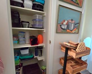 Hickory vegetable bin, storage containers, kitchen wall art