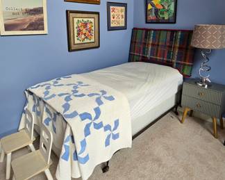 Periwinkle & white quilt, hand-stitched wall art, child's chairs ...