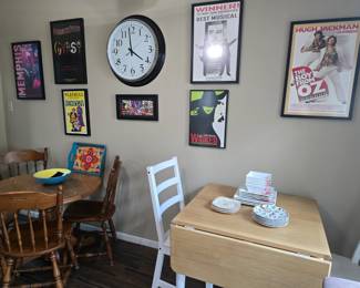 small round wooden table with 4 Ethan Allen chairs, square drop-leaf table with 2 chairs