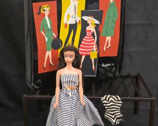The Orignal Ponytail Brunette Barbie with 1961 carrying case and zebra bathing suit