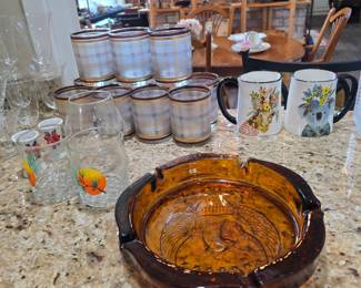 Vintage tumblers circa 1970s, amber ashtray (possibly Tierra)