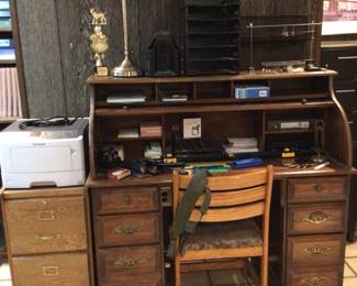 Wooden filing cabinet, roll top desk, office equipment