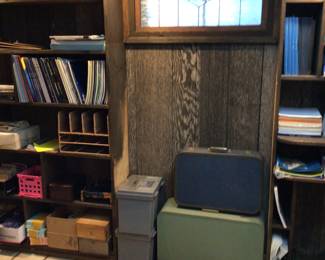 Vintage luggage, plastic portable filing bins, office equipment