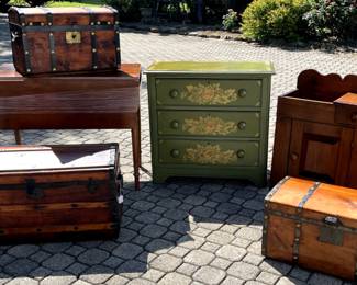 Antique trunks, chest of drawers, child size dry sink, small drop-leaf table