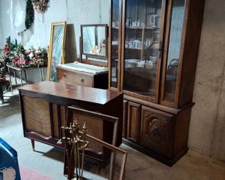 China cabinet, dresser, full-length mirror, stereo, framed and antique fireplace equipment.