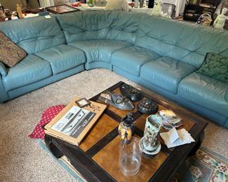 Blue leather sectional sofa
