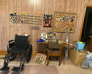 lots of sewing supplies and thread, wheelchair