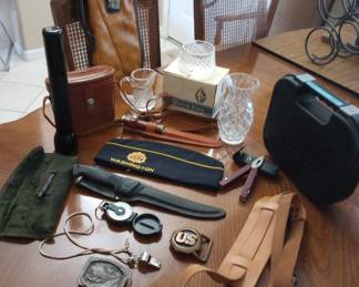 Military, knives, binoculars, Waterford, gun cases, belt buckles, compass