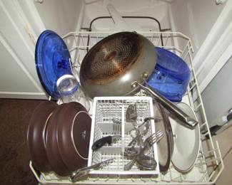 dish set, blue covered casserole dish, pots, pans...........