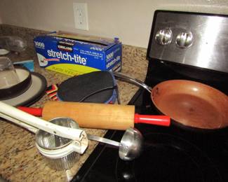 vintage rolling pin, ricer and pans.....