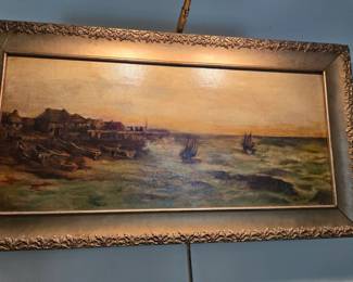 Oil painting, ships on the coast