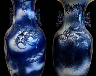 Chinese Blue & White Vases with Double Handles, 23" tall