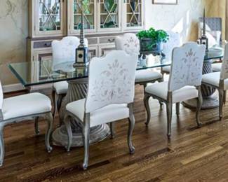 lass Top Dining Table with Double Carved Wooden Pedestal Base