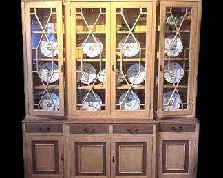 Faux Painted Four Bay Wide China Cabinet over Four Drawers & Cabinet