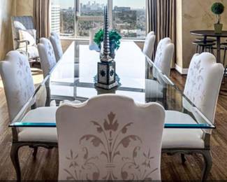 Glass Top Dining Table with Double Carved Wooden Pedestal Base