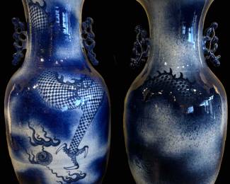 Chinese Blue & White Vases with Double Handles, 23" tall