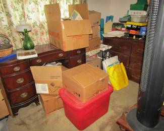 dresser, colored glass and more boxes of goodies