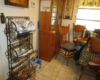 wire rack, oak china cabinet and chairs