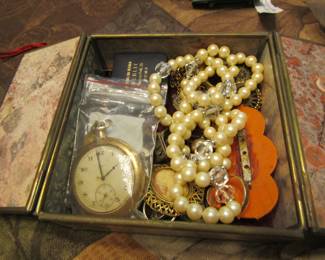 pocket watch, pearls, rings