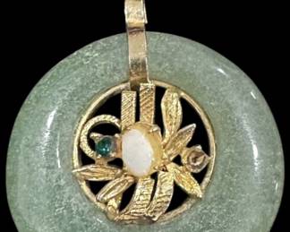 Round Jade Gold Tone Disc Pendant