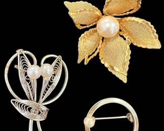 3 Faux Pearl Brooches
