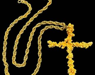 Gold Nugget Style Cross Pendant Necklace