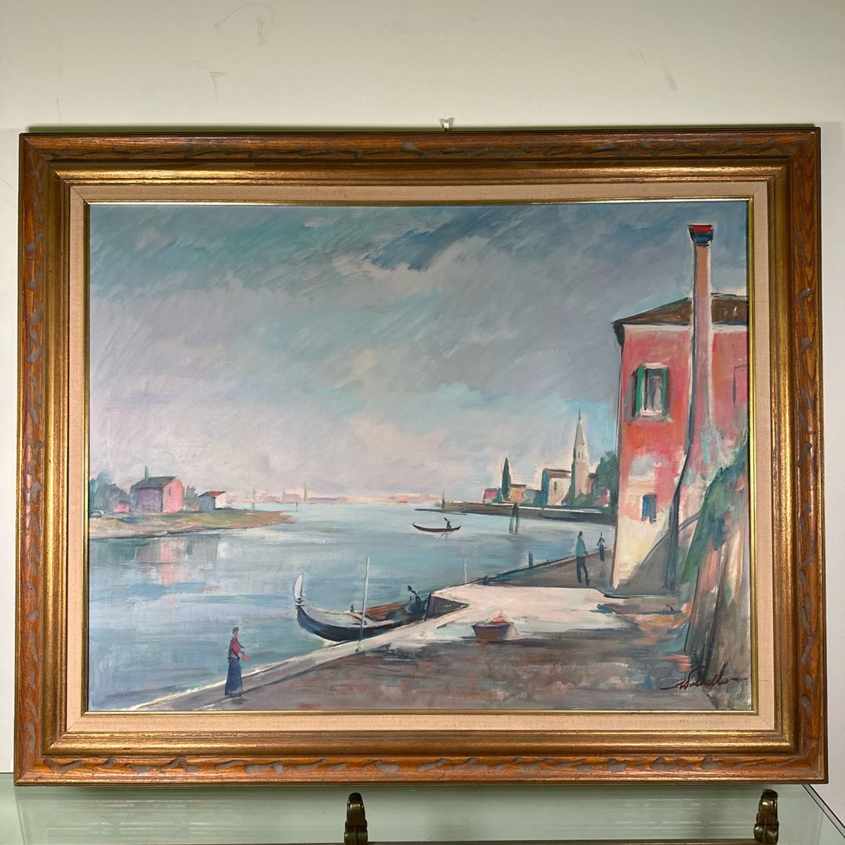 Eugenio Polesello (Italian, 1895-1983) Oil Painting - "Laguna di Venezia" | Scenic painting of a riverside with Italian gondola boats off the "laguna di venezia" or "Venetian Lagoon." Oil on canvas painting . Framed . Signed by artist (back and bottom): "E. Polesello, Milano".Dated by artist (back): "1961"