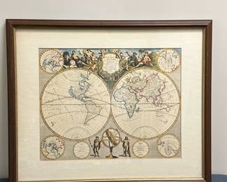 After John Senex (English, 1678–1740) Print - "A New Map of the World" | Print of "A New Map of the World" by John Senex, an English cartographer, engraver and explorer who dedicated the map to George, Prince of Wales, and published it in 1721.
Print of map. Framed and matted. - h. 19 x w. 23 in