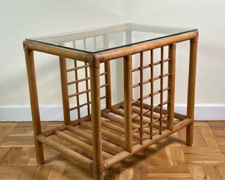 Bamboo/Rattan Side Table | Vintage (mid 20th c.) bamboo and rattan side table with rectangular glass top. - h. 61 x w. 17 in