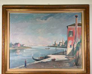 Eugenio Polesello (Italian, 1895-1983) Oil Painting - "Laguna di Venezia" | Scenic painting of a riverside with Italian gondola boats off the "laguna di venezia" or "Venetian Lagoon." Oil on canvas painting . Framed . Signed by artist (back and bottom): "E. Polesello, Milano".Dated by artist (back): "1961"