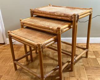 (3pc) Bamboo/Rattan Nesting Tables | Vintage (mid 20th c.) bamboo and rattan nesting tables, set of three. Smallest: h. 18" x w. 18" x d. 10". - h. 24 x w. 23.5 x d. 14 in (Largest)