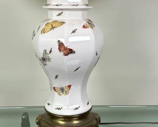 Paul Hanson Ginger Jar Table Lamp | Vintage (mid 20th c.) Paul Hanson white porcelain ginger jar turned into a table lamp with hand-painted butterflies, brass base and lampshade. - h. 30 x w. 7 in
