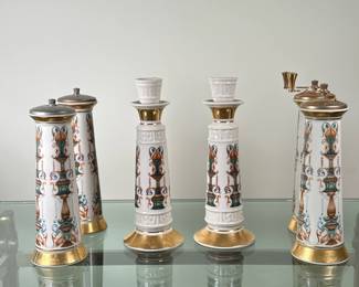 (6pc) Lenox Salt/Pepper Mills & Candlestick Holders | Vintage (mid 20th c.) Lenox "Lido" pattern salt and pepper mills (2 sets) and a pair of Lenox "Lido" pattern candlestick holders. All feature 24K gold trim. Salt & Pepper: h. 7.5". Candlesticks: h. 8.5"