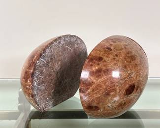 (2pc) Brown Marble Bookends | Egg-shaped brown marble bookends, seemingly of a single stone cut into two. - h. 5 x w. 7 in