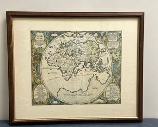 After Johannes Mejer (Danish, 1606-1674) Print/Map - "Orbis Vetus" | Print of "Orbis Vetus," or "Old World", by Johannes Mejer, a royal mathematician, astronomer and cartographer, from Husum (then part of Denmark), who created a map of the world at the time with a focus on Europe, Asia, Africa and Antarctica, published in 1652. Print of map. Framed and matted . - h. 19 x w. 23 in