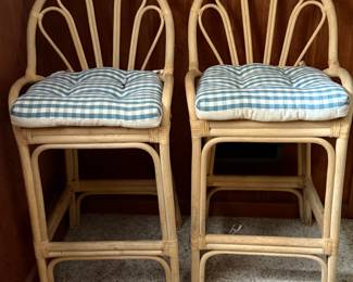 2 Vintage Rattan BarStools B&W Checkered Cushions