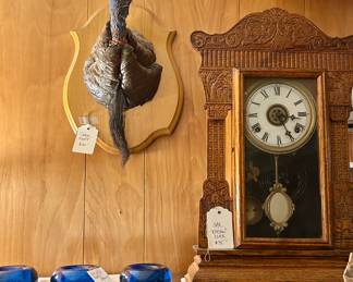 Turkey taxidermy in fine condition, chiming mantle clock and a set of three modern blue glass candle holders