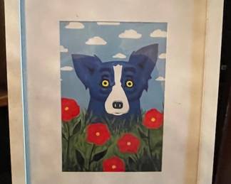 Blue Dog w/red flowers print