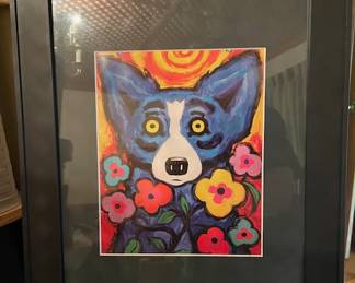 Blue Dog w/swirl sun & flowers print
