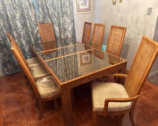 Mid Century Post Modern
American of Martinville Furniture
Glass Mirror Dining Table w/ 8 Chairs