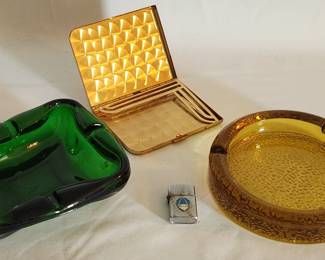 Vintage glass ashtrays and Elgin cigarette case