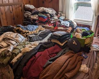 Women's Jackets, Clothe. Bed with Mattress and Box Spring.