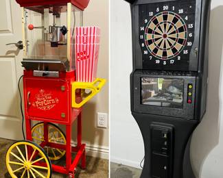Nostalgia Vintage Professional Popcorn Cart, "Old Fashioned Movie Time Popcorn Cart".
Arachnid Galaxy 2.5 electronic dartboard machine.