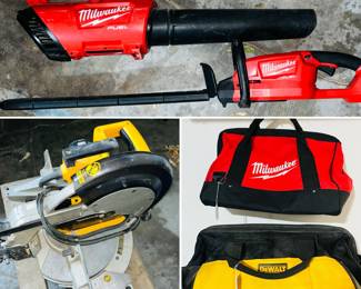 Milwaukee M18 FUEL Blower, specifically the 3017-20 model, a cordless handheld leaf blower. DeWalt DW705 12" Miter Saw. Milwaukee contractor tool bag and a yellow and black DEWALT tool bag.