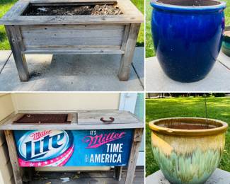 Raised garden bed, Miller Lite Retro Wood Grill & Cooler and ceramic outdoor planters