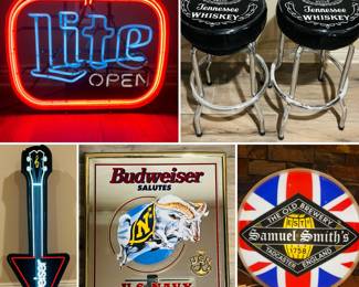 1980s Miller Light Open bar sign
Jack Daniel’s No.7 swivel bar stools
Budweiser Bowtie Guitar Lighted Beer Sign
vintage Budweiser Beer Mirror that salutes the U.S. Navy
Samuel Smith's Old Brewery signage