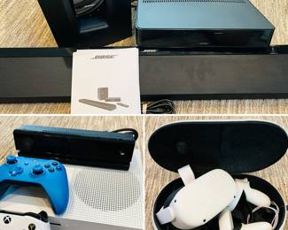 Bose SoundTouch 130 Home Theater System
Microsoft Xbox One S White 1TB Consoles with two controllers
Meta Quest 2 Advanced All-in-One Virtual Reality Headset with carrying case.