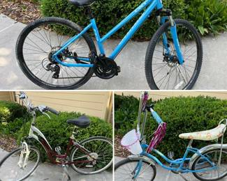 Jamis DXT A3 Step-Over hybrid bike, Jamis Citizen 2 Step-Thru bicycle, and Schwinn 1970 fair lady bicycle with the original banana seat